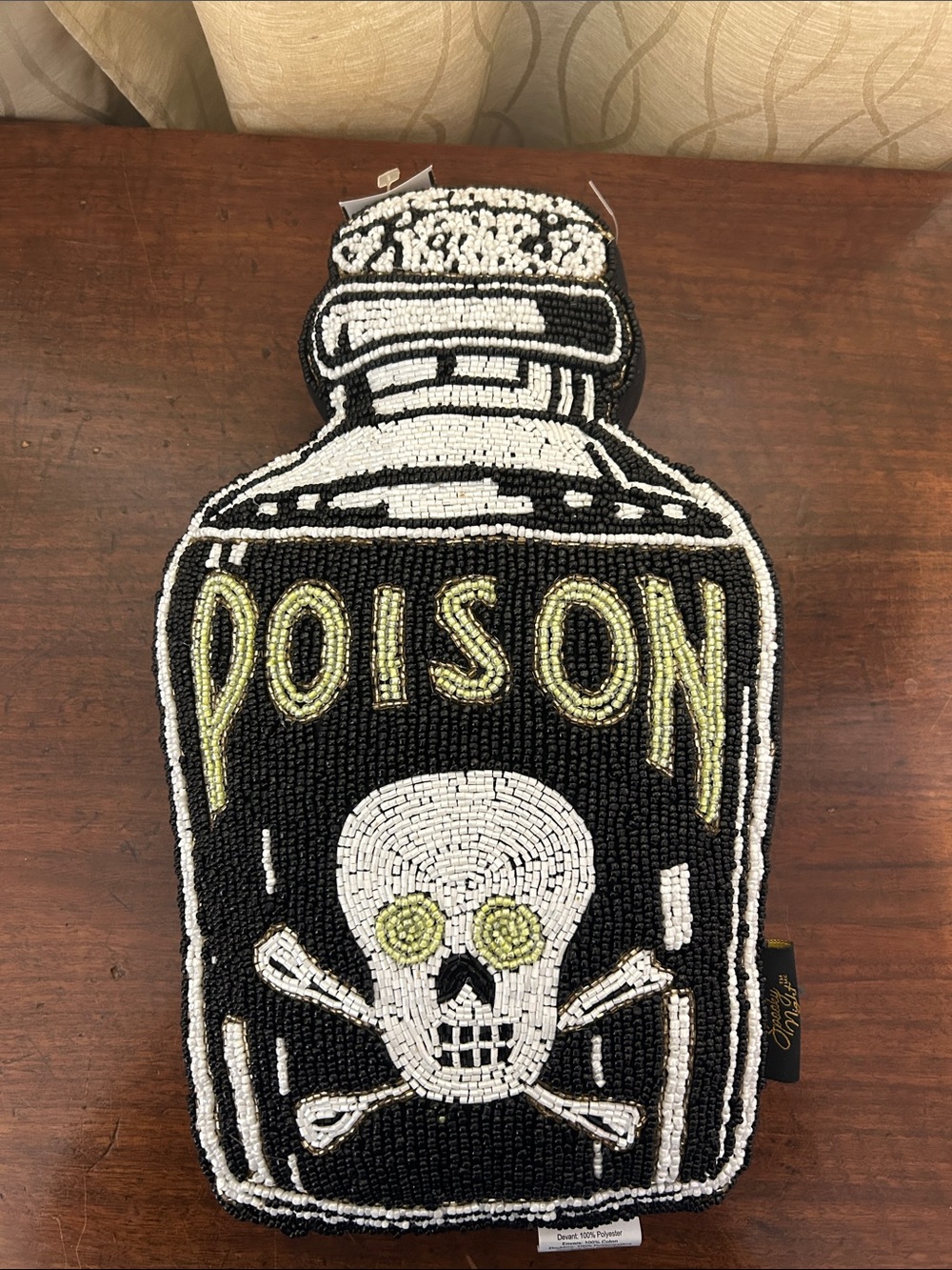 NWOT Spooky Night, Beaded Poison Skull Accent Pillow - Black, White & Lime